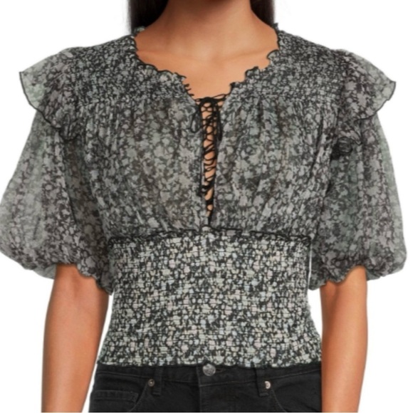 Free People Beatrice Mesh Blouse Top Floral Printed Ruffle
Smocked Sz L - Picture 3 of 13